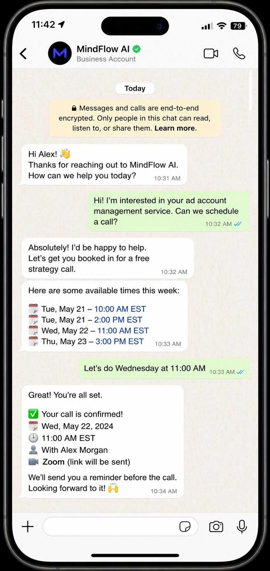 WhatsApp lead booking a discovery call