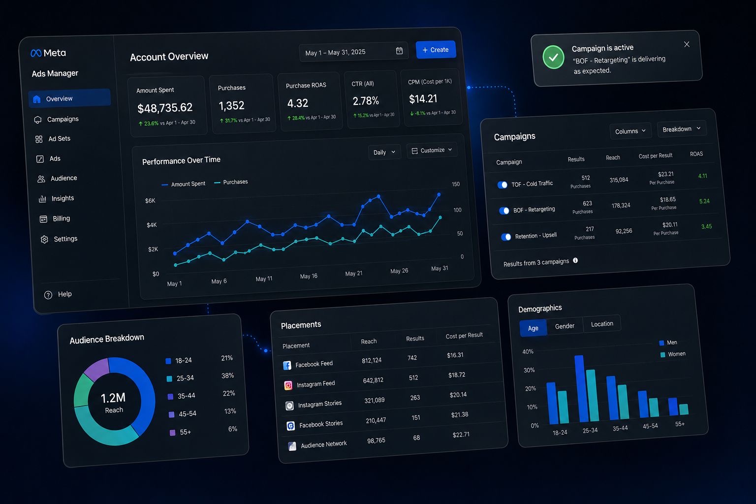 Meta Ads Manager — placements + audience